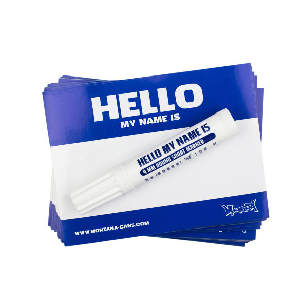 Набір стікерів Montana "HELLO MY NAME IS …" синього кольору маркером 100 шт